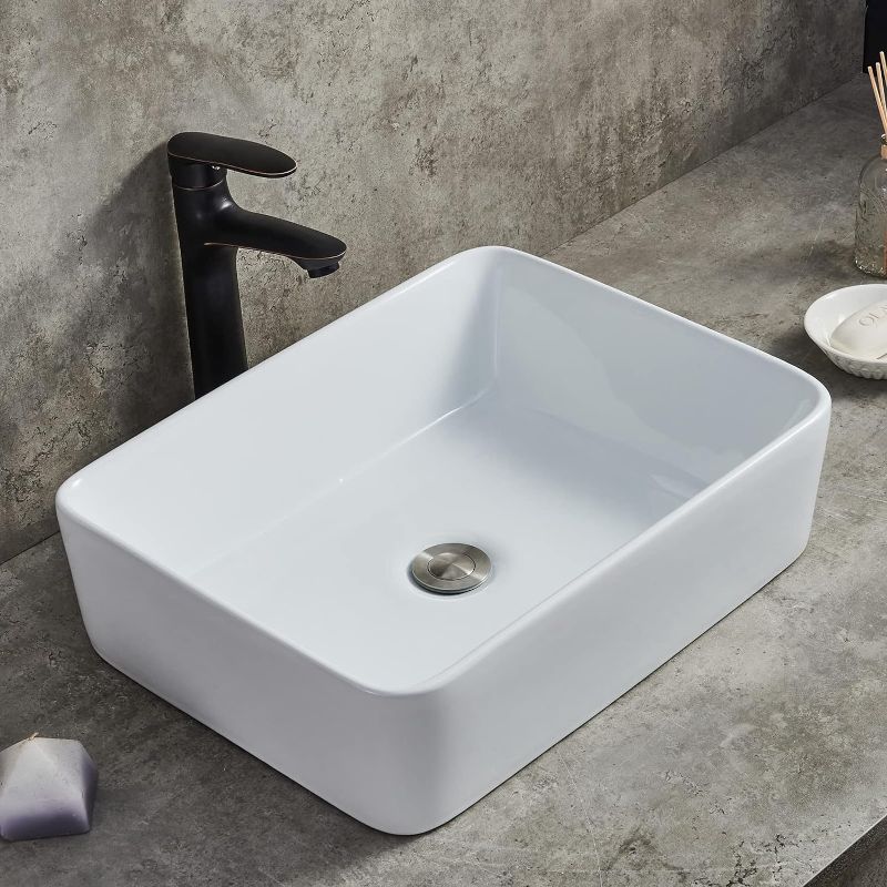 Photo 1 of 19"x15" Bathroom Sink Modern White Rectangular Ceramic Countertop Bathroom Vanity Vessel Sink, 19 Inch Porcelain Above Counter Art Basin Vessel Sinks for Bathrooms