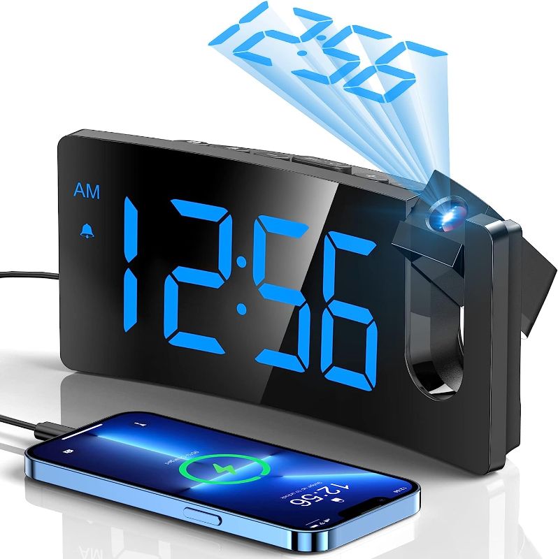 Photo 1 of GOLOZA Projection Alarm Clock, Digital Clock with Modern Curved Design 180° Rotatable Projector, 3-Level Brightness Dimmer, Clear Blue LED Display, Progressive Volume, 9mins Snooze,12/24H, for Bedroom