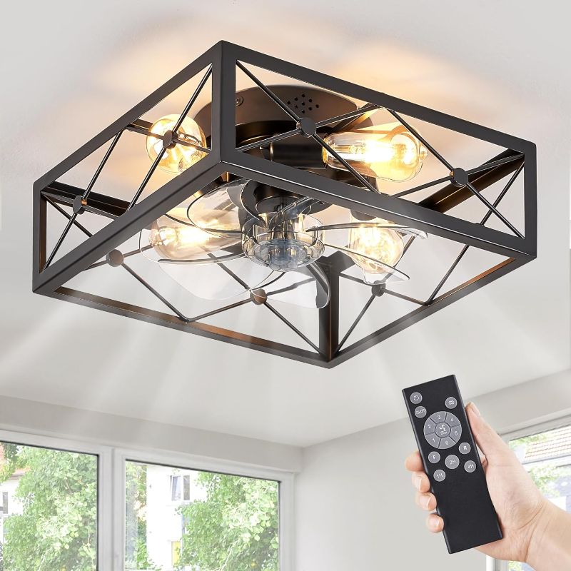 Photo 1 of LEDIARY 22" Caged Flush Mount Ceiling Fans with Lights and Remote, Black Square Low Profile Ceiling Fan, Small Farmhouse Bladeless Ceiling Fan for Bedroom, Kitchen, Indoor