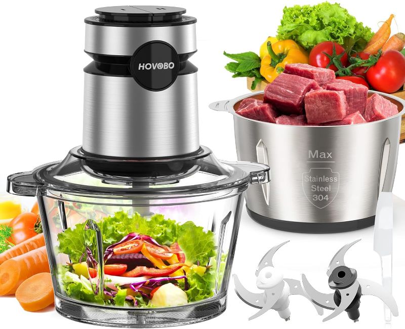 Photo 1 of Food Processor, 500W Electric Meat Grinder Food Chopper with Two 8 Cup Bowls & 2 Bi-Level Blades, 2 Speed Kitchen Cutter for Vegetable, Onion, Garlic, Meat, Nuts, and Baby Food, Black