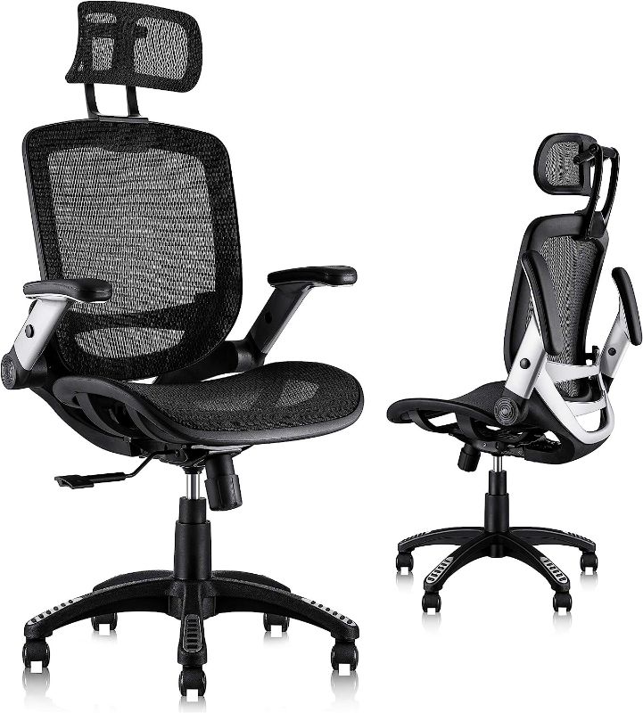 Photo 1 of  Ergonomic Mesh Office Chair, High Back Desk Chair - Adjustable Headrest with Flip-Up Arms, Tilt Function, Lumbar Support and PU Wheels, Swivel Computer Task Chair - WHITE