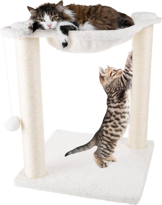 Photo 1 of 19-Inch Cat Scratching Post with Hammock ? Sisal Fabric and Carpet Small Cat Tree, Hanging Ball Toy for Adult Cats and Kittens by PETMAKER (White)