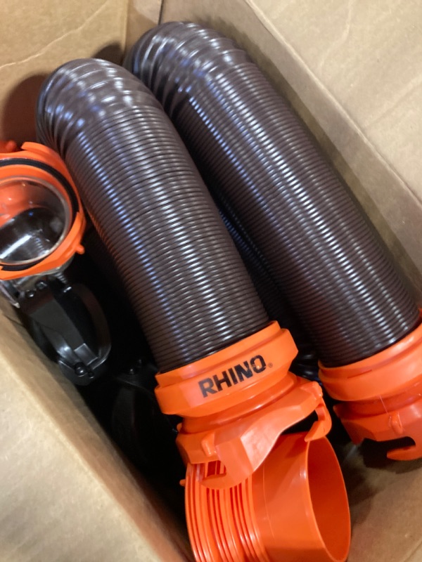 Photo 2 of ??Camco RhinoFLEX 20' Camper/RV Sewer Hose Kit - Includes 4-in-1 Adapter, Clear Elbow, & Caps - Connects to 3? Slip & 3?, 3 1/2?, 4? NPT Threaded Sewer Connections (39742) ***MISSING ADAPTER, CLEAR ELBOW AND CAPS***