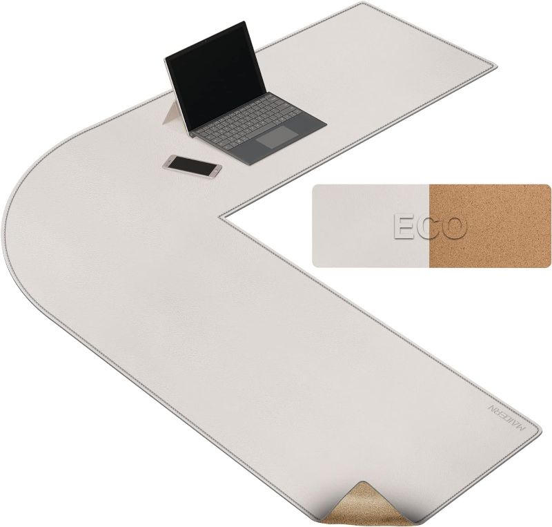 Photo 1 of L Shaped Corner Desk Mat, Cork & Leather Reversible Desk Pad for Gaming Computer Office Home (Cream)