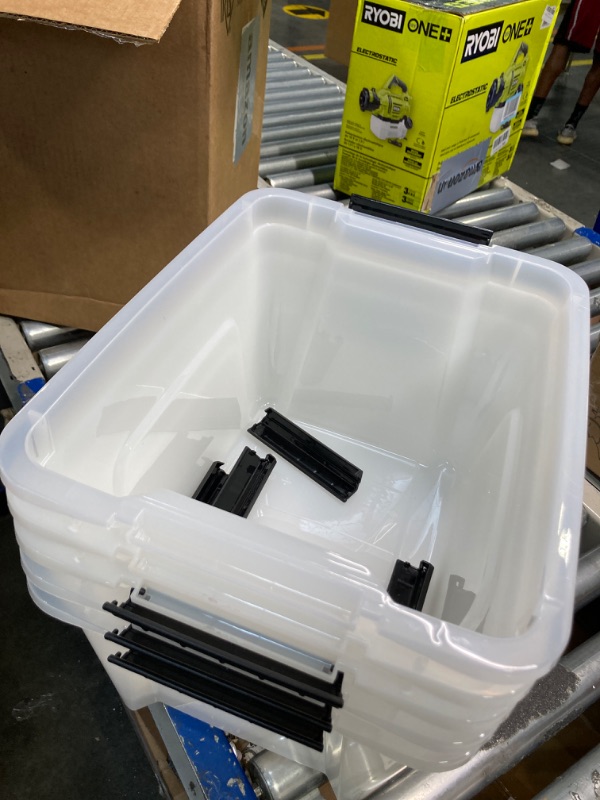 Photo 1 of **Damaged***IRIS USA 19 Qt Stackable Plastic Storage Bins with Lids, 5 Pack - BPA-Free, Made in USA - See-Through Organizing Solution, Latches, Durable Nestable Containers, Secure Pull Handle - Clear ***MISSING 1 LID*** ***BLACK HANDLE CLIPS, NOT BROKEN**