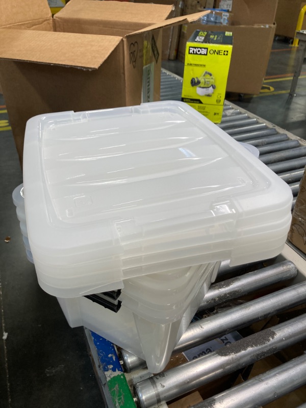 Photo 2 of **Damaged***IRIS USA 19 Qt Stackable Plastic Storage Bins with Lids, 5 Pack - BPA-Free, Made in USA - See-Through Organizing Solution, Latches, Durable Nestable Containers, Secure Pull Handle - Clear ***MISSING 1 LID*** ***BLACK HANDLE CLIPS, NOT BROKEN**