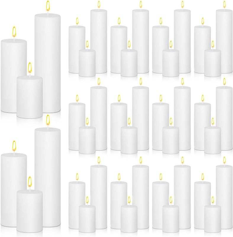 Photo 1 of 48 Pcs Set of 3 Pillar Candles Pillar Candle Bulk 3 Inch 6 Inch 8 Inch Assorted Candles Dripless Unscented Smokeless Pillar Candles for Wedding Holiday Dinner Restaurants Spa Home Decor (White)