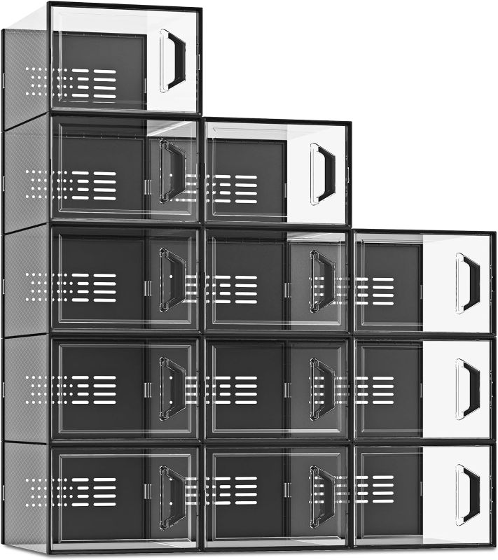 Photo 1 of  Shoe Storage Box Fit Size 13, Clear Plastic Stackable Shoe Organizer for Closet, Space Saving Sneaker Shoe Rack Containers Bins Holders for Entryway, Under Bed, 12 Pack Black