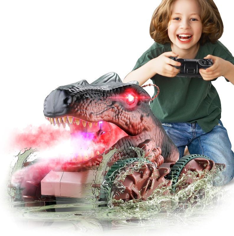 Photo 1 of Dinosaur Car, Dinosaur Monster Trucks for Boys Age 4-7,2.4Ghz Amphibious Remote Control Car with Light & Spray Function,Waterproof Dinosaur Outside Toys for Kids Ages 8-12