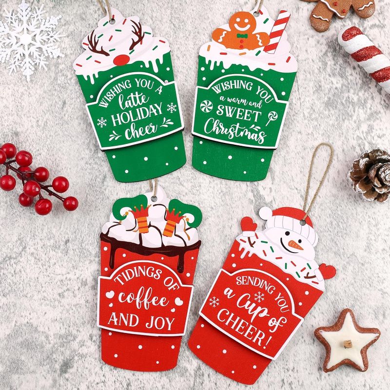 Photo 1 of Huray Rayho Coffee Cup Christmas Card Holders Funny Coffee Gift Card Holders Holiday Gift Card Sleeves Christmas Money Gift Idea Wooden Christmas Ornaments Gift Tags Winter Home Decorations (Gift Cards Not Included) Set of 4