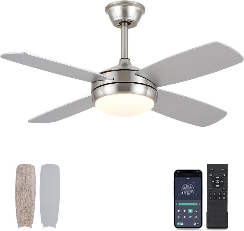 Photo 1 of Asyko 42" Ceiling Fans with Lights, Modern Ceiling Fan with Lights and Remote Control/APP, Reversible DC Motor and Dimming, Low Profile Ceiling Fans for Indoor Bedroom, Brushed Nickel
