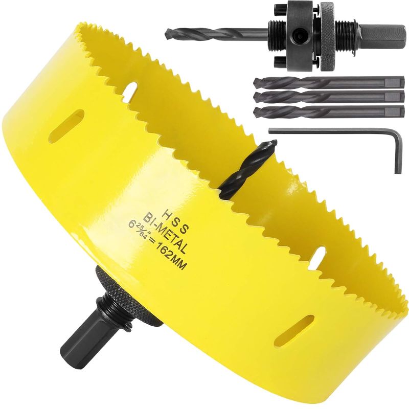 Photo 1 of 6-3/8 Inch Hole Saw with Heavy Duty Arbor, 6 3/8”Recessed Lighting Hole Saw with 1-1/2 Inch Cutting Depth, Bi-Metal Hole Cutter for Smoothly Cutting Ceiling Tile Drywall Plywood Plaster Metal Plastic
