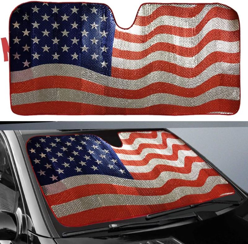 Photo 1 of Big Ant Car Sun Shade, Windshield Sun Shade American Flag Sunshades Keep Vehicle Cool Best UV Ray Visor Protector Prevent Your Car from Sun Heat & Glare(Size: 63"X 28.5")
