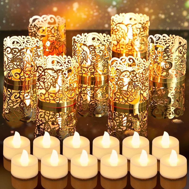 Photo 1 of  Led Votive Bulk Paper Candle Holders Tea Light Holder Flameless Battery Operated Decorative Wraps for Wedding Table Party (Gold)