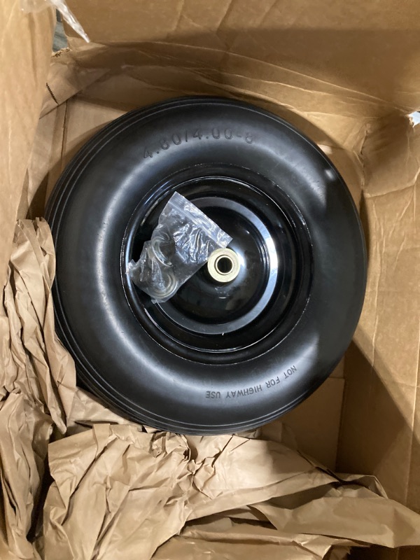 Photo 1 of 4.80/4.00-8" Flat Free Tire Wheelbarrow Tire with 3/4 & 5/8 Wheel Bearing 3" Hub 13"-16" Universal Fit Air Less Tire Solid Wheelbarrow Tire for Garden Cart Wagon Ribbed Tread Foamed Polyurethane Tire