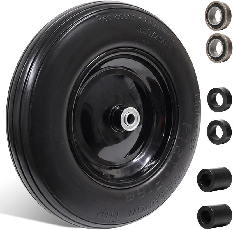 Photo 1 of 4.80/4.00-8" Flat Free Tire Wheelbarrow Tire with 3/4 & 5/8 Wheel Bearing 3" Hub 13"-16" Universal Fit Air Less Tire Solid Wheelbarrow Tire for Garden Cart Wagon Ribbed Tread Foamed Polyurethane Tire