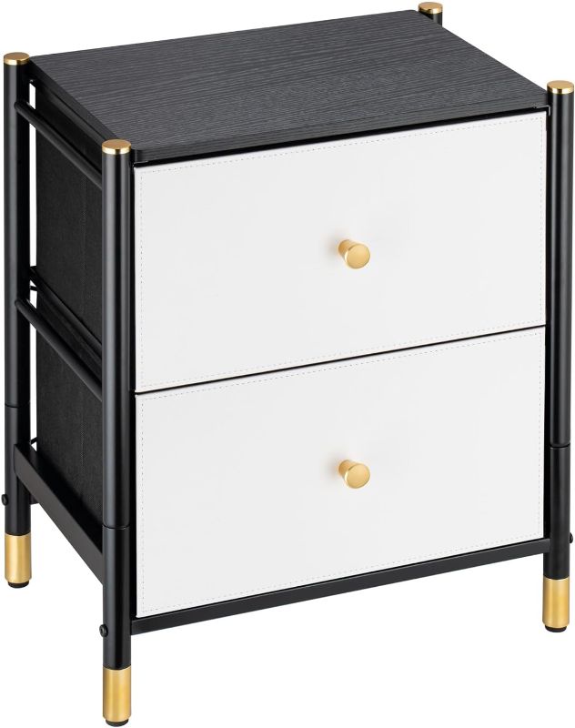 Photo 1 of 2 Drawer Nightstands for Bedroom - Small Bedside Dresser with PU Leather Front Bins- Stylish End Table and Night Stand Furniture - Perfect for Closet, Bedroom, Black&White