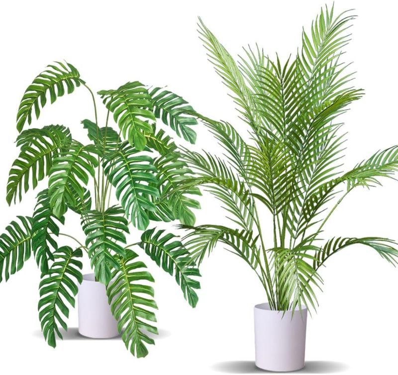 Photo 1 of 2pcs Artificial Palm Tree Fake Monstera Plants Indoor Tropical Palm Leaves Plastic Turtle Foliage Faux Green Plants for Home Office Garden Outdoor Decor (Palm and Monstera)