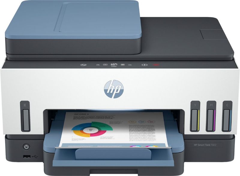 Photo 1 of HP Smart -Tank 7602 Wireless All-in-One Cartridge-free Ink Printer, mobile print, scan, copy, fax, auto doc feeder, featuring an app-like magic touch panel (28B98A),Blue