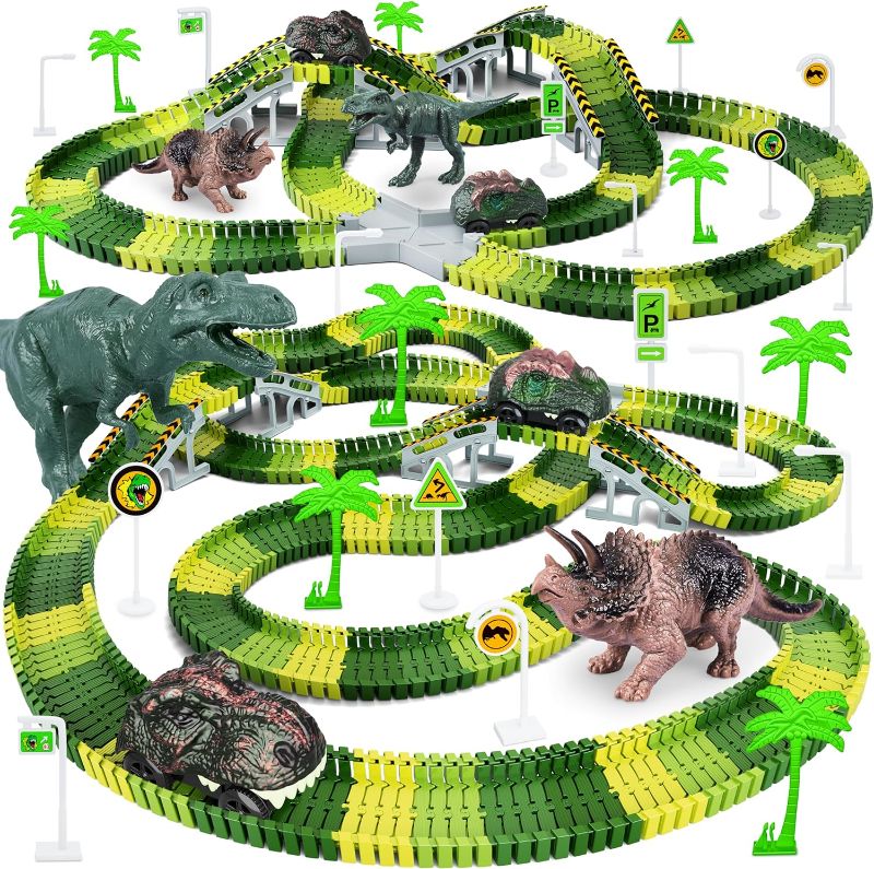 Photo 1 of Dinosaur Toys, 252 PCS Create A Dinosaur World Road Race Tracks, Flexible Track Playset, 2pcs Dinosaur Car for 3 4 5 6 Year Old Boys Girls Best Gift
