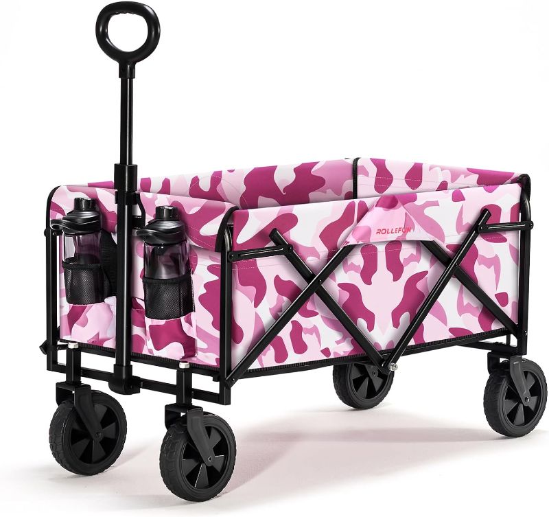 Photo 1 of **GREEN CAMO NOT PINK** Wagon Cart with Wheels Foldable - Collapsible Utility Wagon Heavy Duty, Folding Grocery Wagon, All Terrain Wagon Outdoor Camping Garden, Purple
