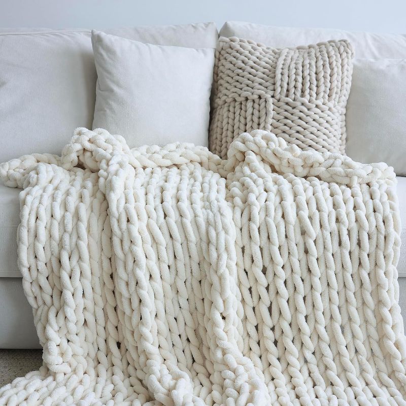 Photo 1 of Chenille Chunky Knit Blanket Throw (XL?, Handmade Warm & Cozy Blanket Couch, Bed, Home Decor, Soft Breathable Fleece Banket, Christmas Thick and Giant Yarn Throws, Cream
