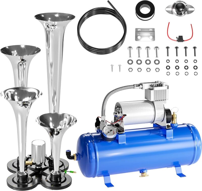 Photo 1 of 150DB Train Air Horn Kit, 4 Trumpet Loud Train Horns Kit for 150 PSI 12V Air Compressor 1.59 Gallon for Trucks, Cars, Van Boats Super Loud Air Horn(Blue)
