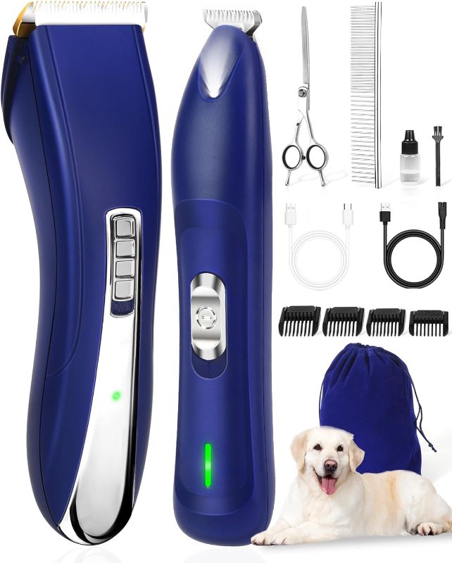 Photo 1 of 2 in 1 Dog Grooming Kit, Low Noise Dog Clippers for Thick Heavy Coats, Professional Cordless Dog Paw Trimmer with LED Light, USB Rechargeable Pet Hair Shaver for Small & Large Dogs Cats Pets
