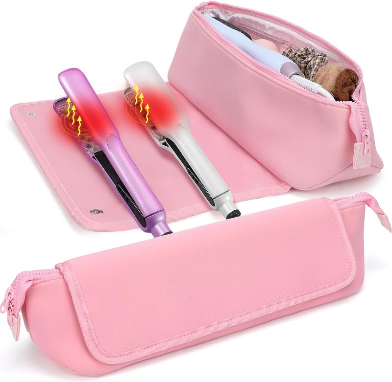 Photo 1 of 2 in 1 Heat Resistant Mat Hair Tools Travel Bag,Neoprene Curling Iron Mat Holder Heat Resistant Mat for Flat Irons,Straighteners,Curling Iron,Hot Hair Styling Tools,Haircare Accessories,Pink
