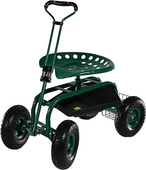 Photo 1 of Sunnydaze Garden Cart Rolling Scooter with Extendable Steering Handle -Swivel Seat and Utility Basket - Green
