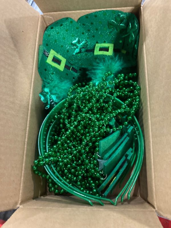 Photo 2 of 18 Pcs St. Patrick's Day Accessories Set Party Favors with 6 Shamrocks Beads Necklaces, 6 Green Hats Beaded Necklaces and 6 St. Patrick's Headbands Irish Beads Bulk Headpiece Party Supplies Decoration