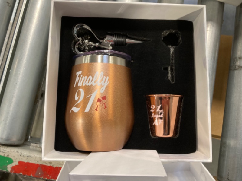 Photo 1 of 21st Birthday Gifts For Women, Funny Birthday Wine Gifts Ideas for Her, Friend, Daughter, Sister | Unique Finally 21 Stainless Steel Wine Tumbler Shot Glass Set For 21 Year Old