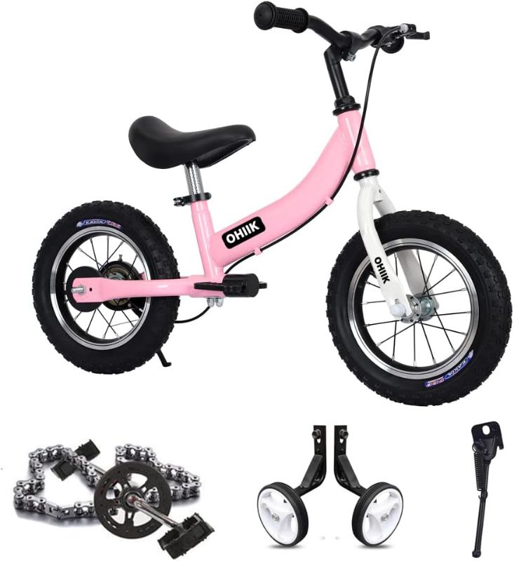 Photo 1 of OHIIK Balance Bike 2 in 1 for Kids 2 3 4 5 6 7 Years Old,Balance to Pedals Bike, 14 inch Kids Bike,with Pedal kit,Training Wheels,Brakes
