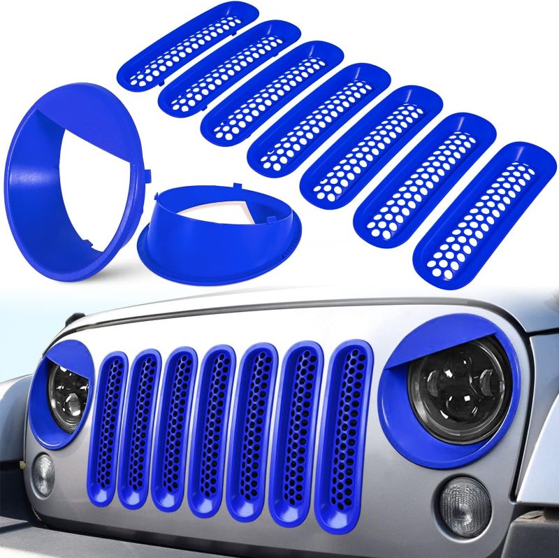 Photo 1 of Front Grille Mesh Inserts & Headlight Cover for Jeep Wrangler JK JKU Sport Freedom Rubicon Sahara Unlimited 2007-2018 Exterior Accessories Clip-in Grille Guard Headlight Bezels Trim (Matte Blue)