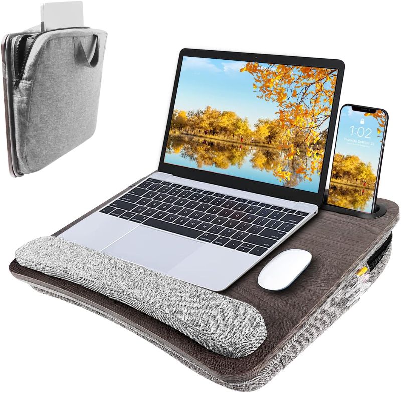 Photo 1 of ATKEEN Lap Desk Laptop Bed Table: Home Office Portable Computer Lapdesk with Soft Cushion and Storage Bag - Wood Wide Writing Padded Tray for Work on Couch - Fits up to 15.6 Inch Laptop
