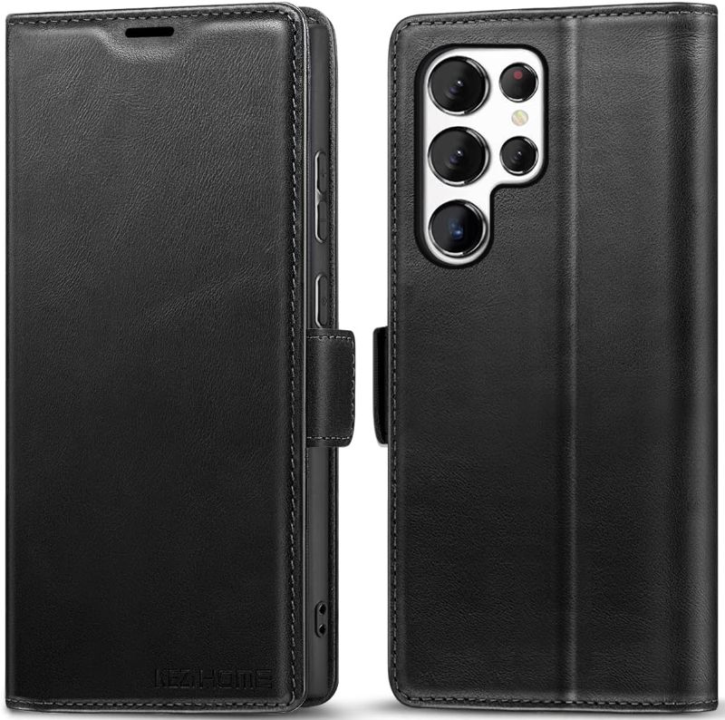 Photo 1 of KEZiHOME Samsung Galaxy S24 Ultra Case, Genuine Leather Wallet Case [RFID Blocking] Card Slot Kickstand Magnetic Protective Phone Folio Cover Compatible with Samsung S24 Ultra 6.8" (Black)
