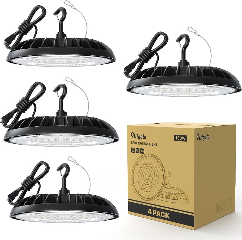 Photo 1 of Glitgate LED High Bay Light 150W, 21000lm 5000K UFO High Bay Lights(600W MH/HPS Equiv.) LED Warehouse Lights with 5ft Cable US Plug for Garage Shop Barn, 4 Pack