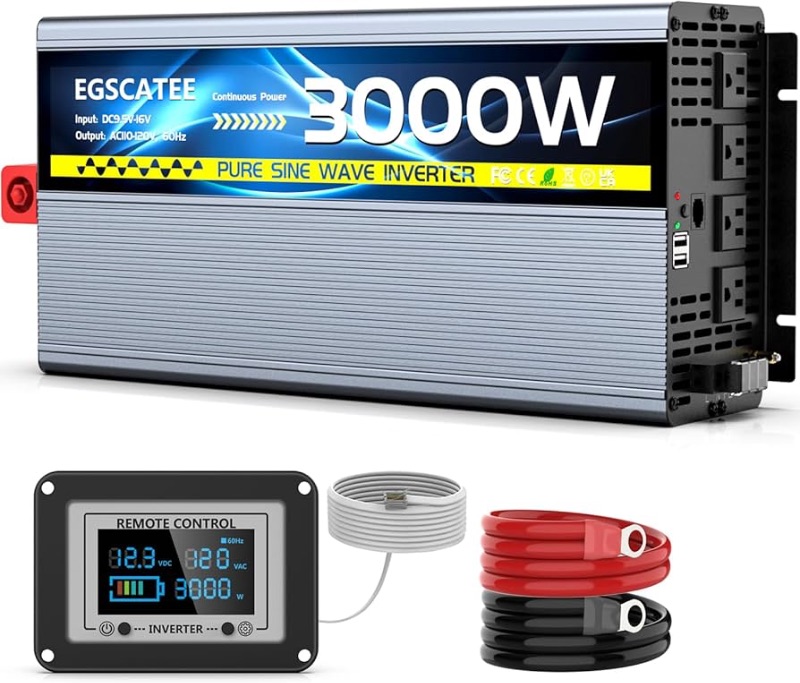 Photo 1 of EGSCATEE 3000W Pure Sine Wave Inverter 12V DC to 110V/120V AC Inverter with 4AC Outlets, 5V/3.4A USB, Remote Control with on-Screen Display, Off-Grid Solar Power Inverter for Truck, Home, Vehicles, RV