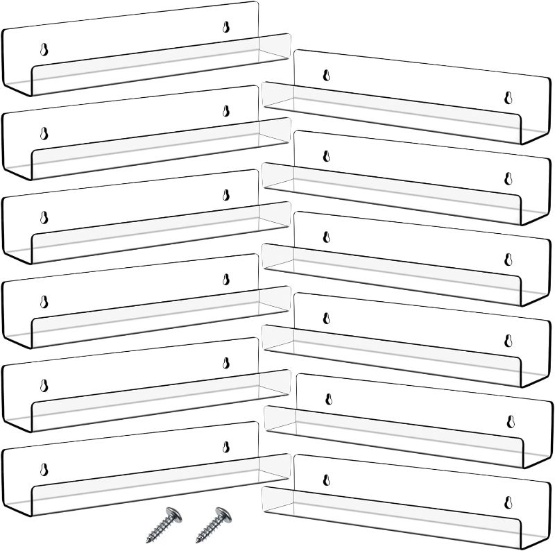 Photo 1 of 12 Packs 14 Inch Acrylic Floating Shelf Wall Mounted Invisible Acrylic Shelf Ledge Kids Floating Bookshelf for Living Room Office Bedroom Bathroom Kitchen Decoration Space Save (Clear)