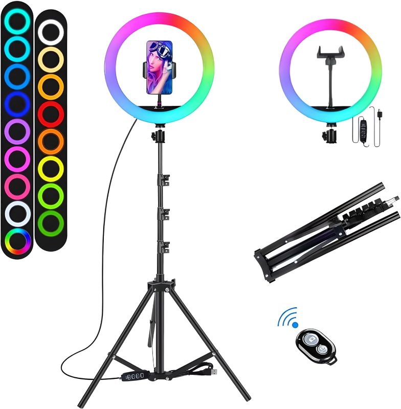 Photo 1 of 12" Selfie Ring Light with 63" Tripod Stand & 3 Phone Holder, LED Camera Ringlight with 48 RGB Colors Modes & Musical Rhythm Mode and 12 Brightness Dimmable for Makeup/Photography/Videos/Vlog/TikTok