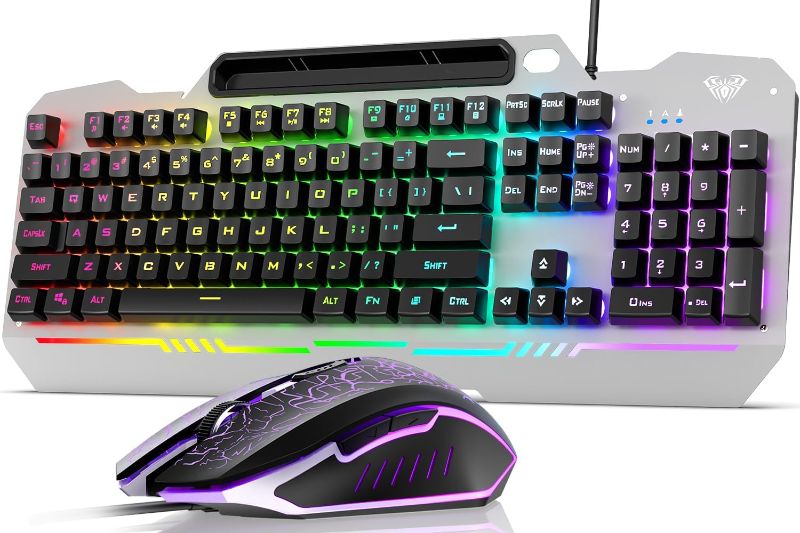 Photo 1 of AULA Gaming Keyboard, 104 Keys Gaming Keyboard and Mouse Combo with RGB Backlit, All-Metal Panel, Anti-Ghosting, PC Gaming Keyboard and Mouse, Wired Gaming Keyboard Mouse Combo for MAC Xbox PC Gamers Metallic Black