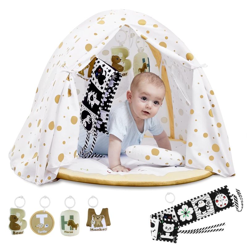 Photo 1 of ANGELBLISS Baby Play Gym Mat, Cozy Alphabet Design for Newborn Stage-Based Developmental Activity Gym & Play Mat Tummy Time for Babies to Toddlers with 5 Toys, Tent Cover & Pillow, Boy & Girl Gifts