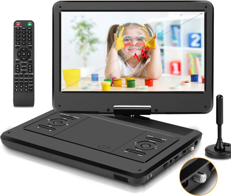 Photo 1 of 14 Inch Portable TV/DVD Player Combo with HD Swivel LED Screen and Digital TV ATSC Tuner/HDMI/USB/AV/Audio, Region Free, Built-in Battery, Dual High Volume Stereo Speakers