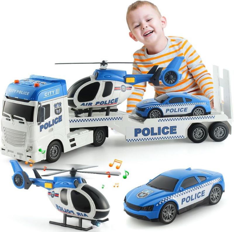 Photo 1 of 25" Police Toys Vehicle Truck Push & Go Rescue Playset 3 in 1 Includes Mini Police Car and Helicopter Toy in Semi Carrier Truck Gift for Toddlers Boys Age 3+(Police Trailer)