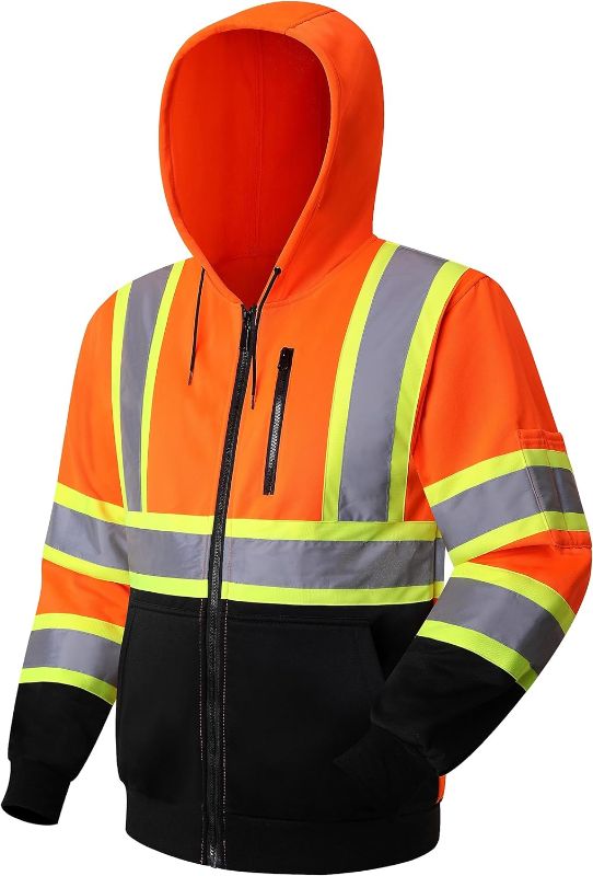 Photo 1 of JKSafety Hi-Vis Safety Sweatshirt for men women High Visibility Zip-Up Hooded Sweatshirt Hoodie work utility Reflective Strips with Extended Trims (JK121-OrangeB, XL)