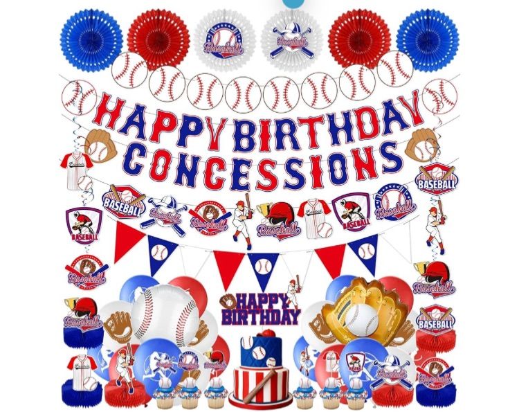 Photo 1 of Baseball Party Decorations Set Baseball Birthday Party Supplies Include Paper Fans Party Garland Pennant Happy Birthday Banner Table Centerpieces Honeycomb Swirl Tags Cupcake Toppers for Sports Party