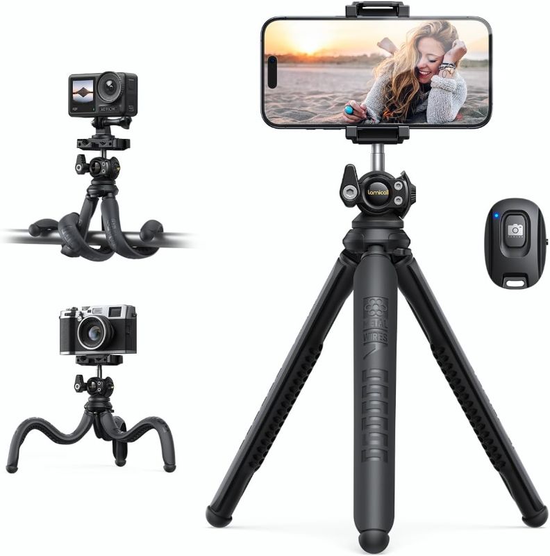 Photo 1 of Lamicall Tripod for iPhone - 3 in 1 Flexible Phone Tripod with Wireless Remote - iPhone Tripod Stand for Video Recording Vlogging Selfie Compatible with iPhone Samsung Go Pro, Digital Camera