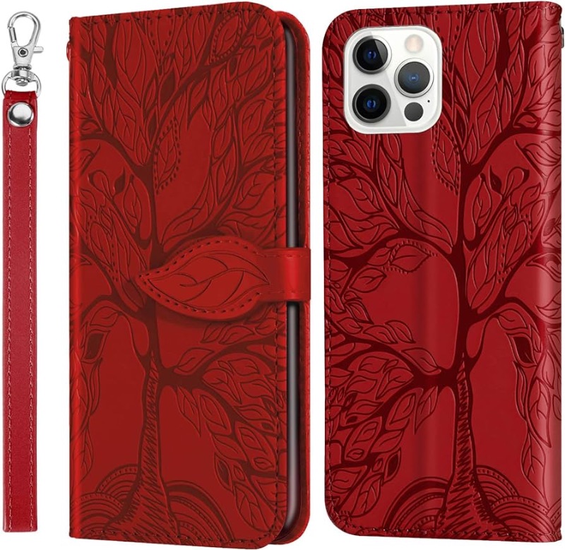 Photo 1 of iPhone 12 Pro Max Wallet Case with Card Holder/Slot,PU Leather Flip Folio Shell [Magnetic Closure][Wrist Strap][Kickstand] Shockproof Cover Compatible with iPhone 12 Pro Max 6.7 inch,Red**USED***