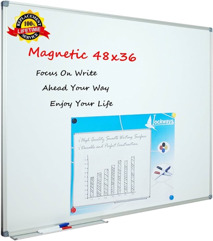 Photo 1 of Lockways White Board Dry Erase Board 48 x 36 Inch, Magnetic Whiteboard 4 x 3, Silver Aluminium Frame, Set Including 1 Detachable Aluminum Marker Tray, 3 Dry Erase Markers, 8 Magnets