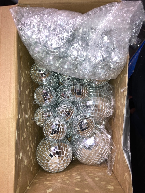Photo 1 of 12 Pcs Large Mirror Disco Ball Light Mirror Ball Disco Party Decorations Silver Hanging Ball Sets Reflective Mirror Disco Ball Ornament for Christmas Wedding Party Favor